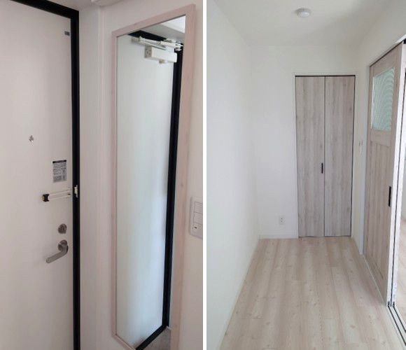 左：玄関（全身鏡付き）／右：収納スペース