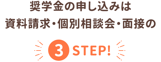 奨学金の申し込みは資料請求・個別相談会・面接の3STEP!